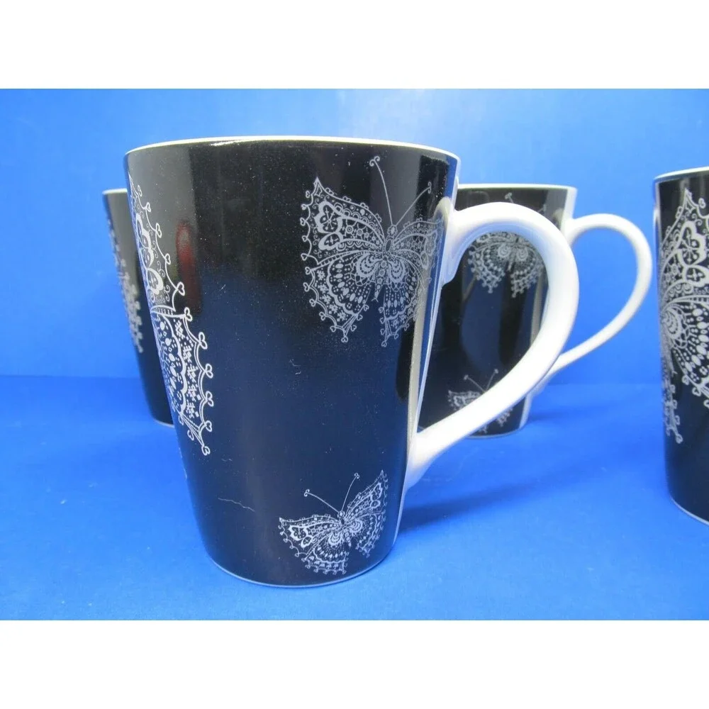 Roscher Butterfly Lace Collection Set Of 4 White On Black 4 1/2